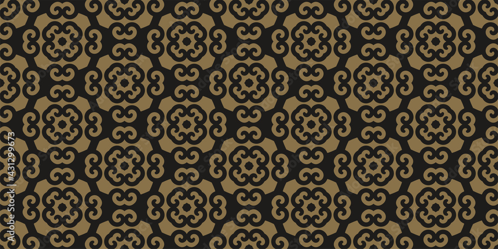 Repeating background pattern with floral ornaments on a green background, wallpaper. Seamless pattern, texture. Vector illustration