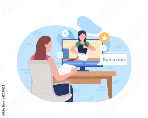 Subscribe to online cooking class 2D vector web banner, poster. Woman watching baking course on internet flat characters on cartoon background. Learn hobby printable patch, colorful web element