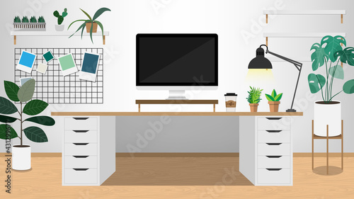 Workplace room modern Interior design, cabinet. Office, studio, cabinet, for home workspace computer. No People House Flat vector illustration in flat cartoon style.Illustration EPS 10 