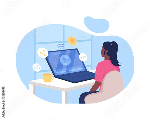Watching video online 2D vector web banner, poster. Internet learning. Woman at computer desk flat characters on cartoon background. Online audio tutorial printable patch, colorful web element
