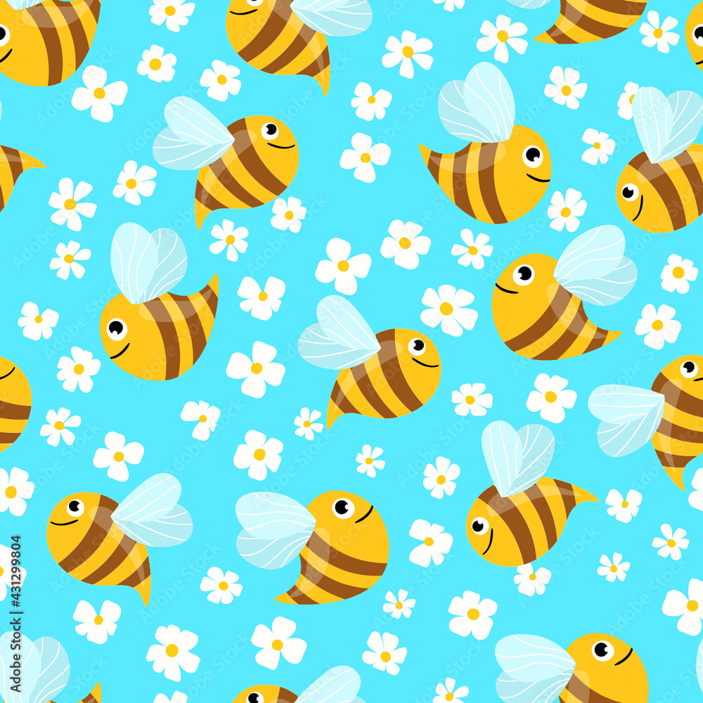 Seamless pattern with bees and flowers on color background. Small wasp. Vector illustration. Adorable cartoon character. Template design for invitation, cards, textile, fabric. Doodle style