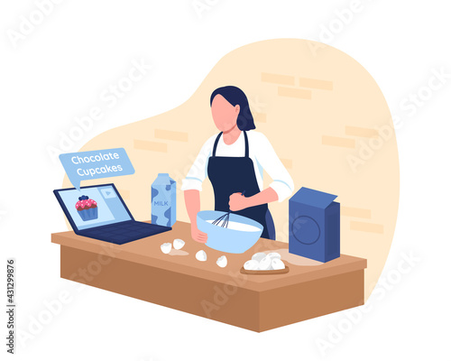 Baking cupcakes with online tutorial 2D vector web banner, poster. Woman prepare food in kitchen flat characters on cartoon background. Distance course printable patch, colorful web element