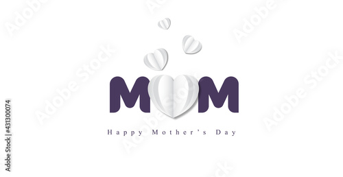 Mother's day greeting card. Vector banner with flying white paper hearts. 