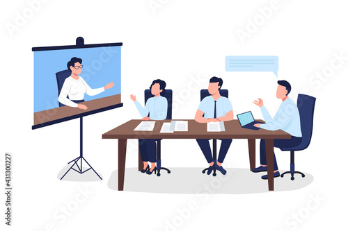 Professionals on business meeting flat color vector faceless character. Tutor on project screen. Seminar on marketing isolated cartoon illustration for web graphic design and animation