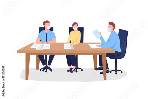 Business people in face mask sitting at table flat color vector faceless characters. Training with instructor. Professional seminar isolated cartoon illustration for web graphic design and animation