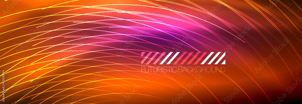 Neon glowing lines, magic energy and light motion background. Vector wallpaper template Neon glowing lines, magic energy and light motion background. Vector wallpaper template