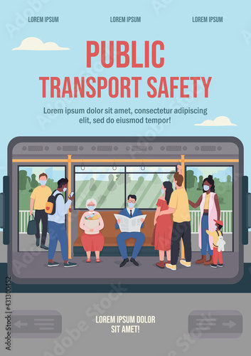 Public transport safety poster flat vector template. Quarantine for covid epidemic. Daily commuting. Brochure, booklet one page concept design with cartoon characters. Covid pandemic flyer, leaflet