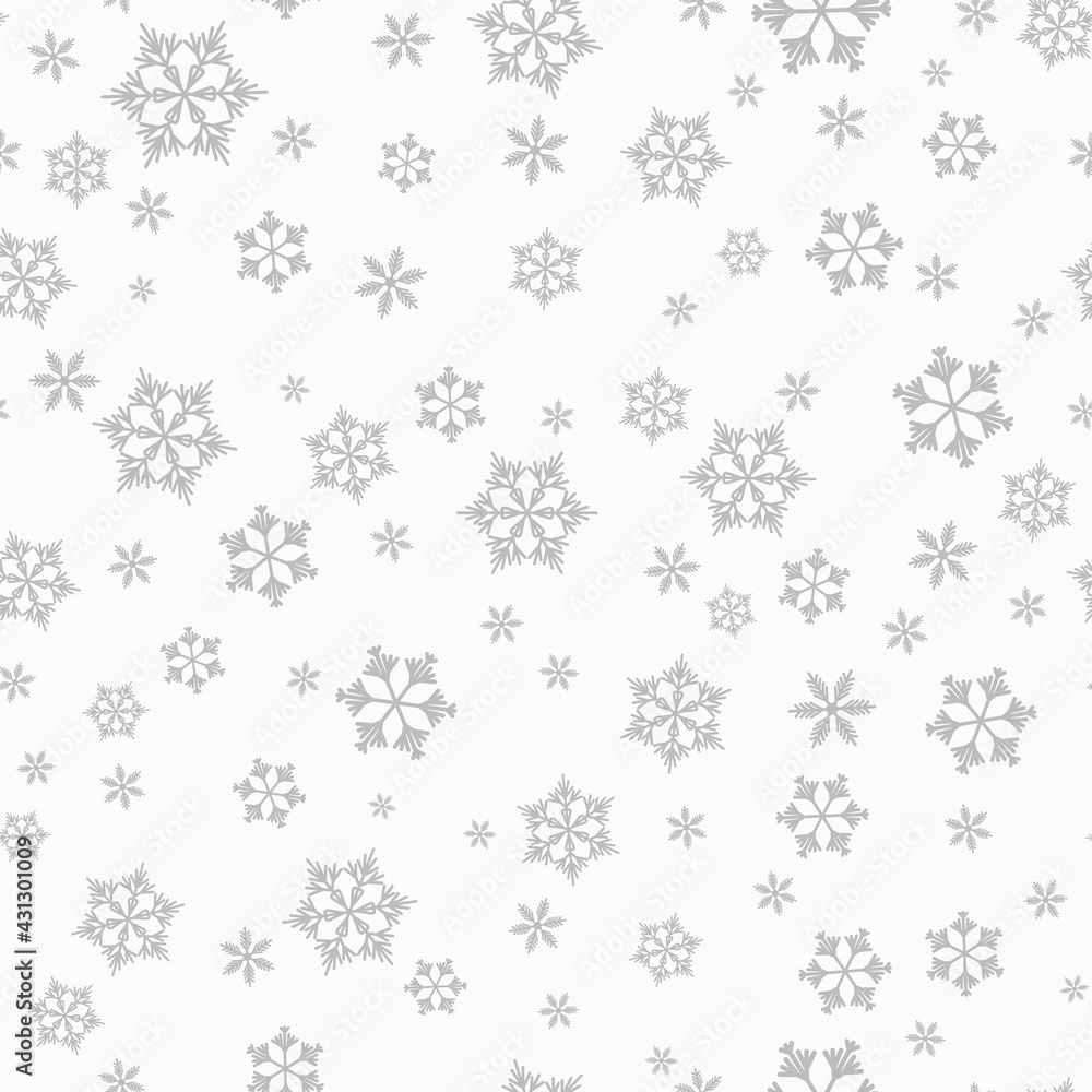 Winter seamless pattern with grey snowflakes on white background. Vector illustration for fabric, textile wallpaper, posters, gift wrapping paper. Christmas vector illustration. Falling snow Winter seamless pattern with grey snowflakes on white background. Vector illustration for fabric, textile wallpaper, posters, gift wrapping paper. Christmas vector illustration. Falling snow