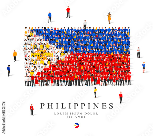 A large group of people stands in blue, white, red and yellow robes, symbolizing the flag of the Philippines.