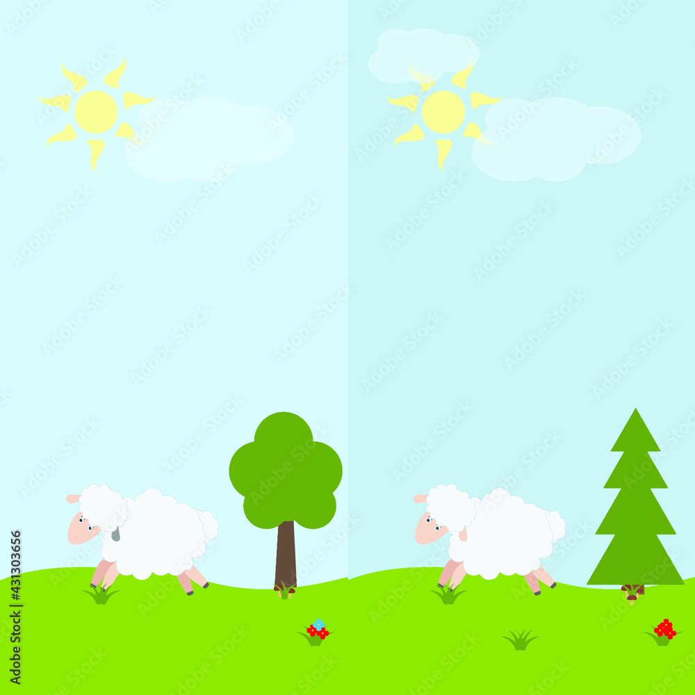 Shine
 warmth for kindergarten book . Sun , sky and meadow . Find 7 differences. For the development of the child. Vector illustration for children's books . Sheep .