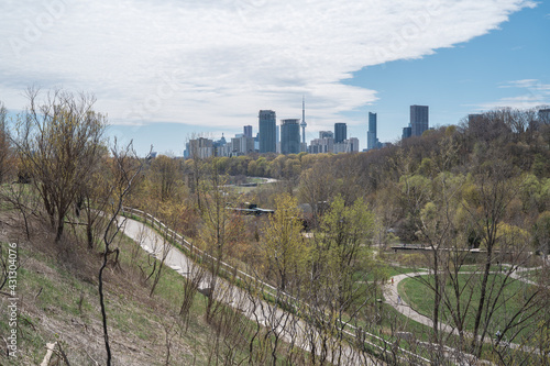 Photography Toronto City Skyline on a sunny day from Don Valley Brick Works Park in Spring