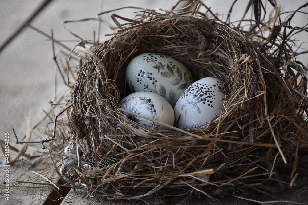 Obraz premium Пасхальные яйца в гнезде