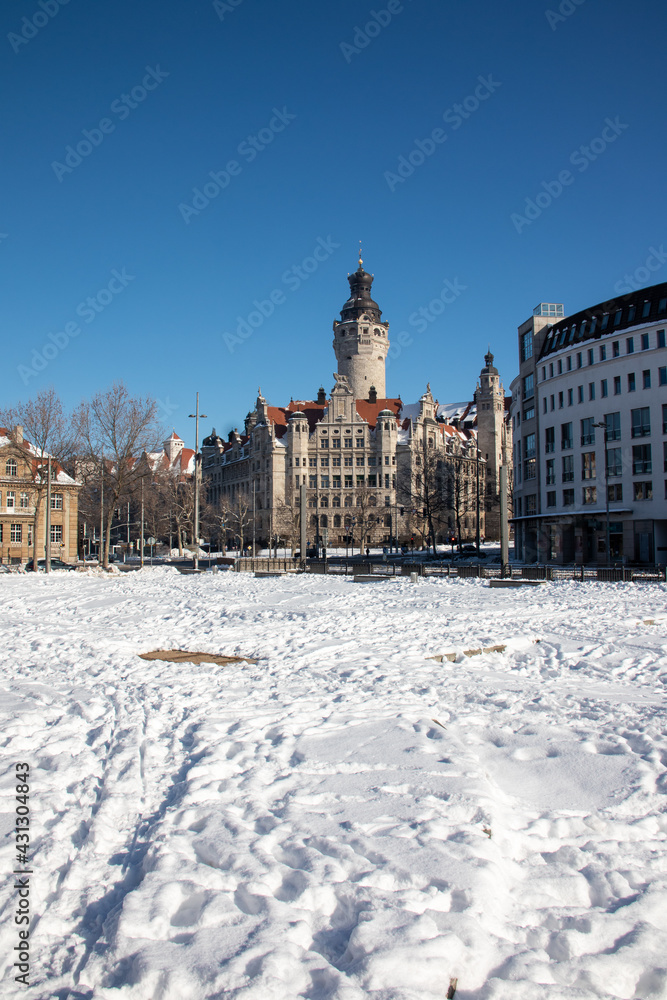 View of the snow-covered new town hall in Leipzig,Saxony in winter