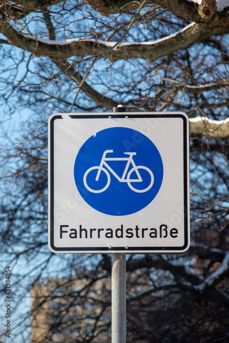 View of a traffic sign of a bicycle road with the blue bicycle lane symbol and the text bicycle road in German,Leipzig,Germany,Saxony