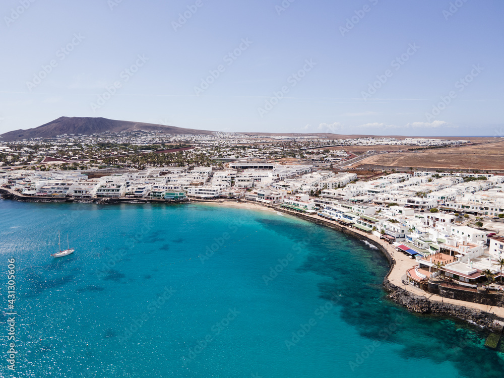 Playa Blanca town aerial drone view. Lanzarote, Canary Islands