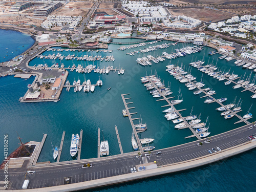 Marina Rubicon sailing haven in Playa Blanca, Lanzarote, aerial drone view photo