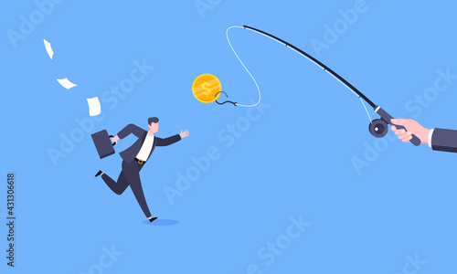 Fishing money chase business concept with businessman running after dangling dollar and trying to catch it. Working hard and always busy in the loop routine flat style design vector illustration.