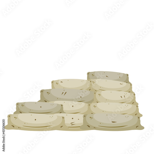 Barricade of sandbags. Modern warfare. Wall of the bag. Outpost and barrier. Flat cartoon. Fortified point. Defense construction