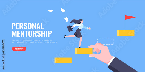 Business mentor helps to improve career and holding stairs steps vector illustration. Mentorship, upskills and self development strategy flat style design business concept.