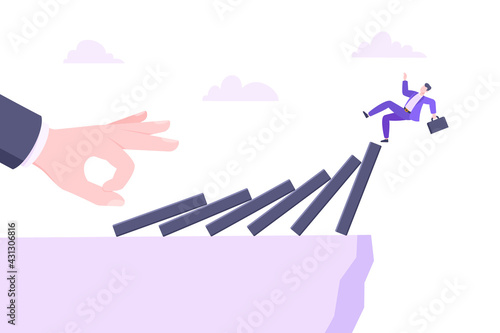 Domino effect or business crisis metaphor vector illustration concept. Adult young businessman falls down from hand falling domino line business concept problem solving and danger chain reaction.