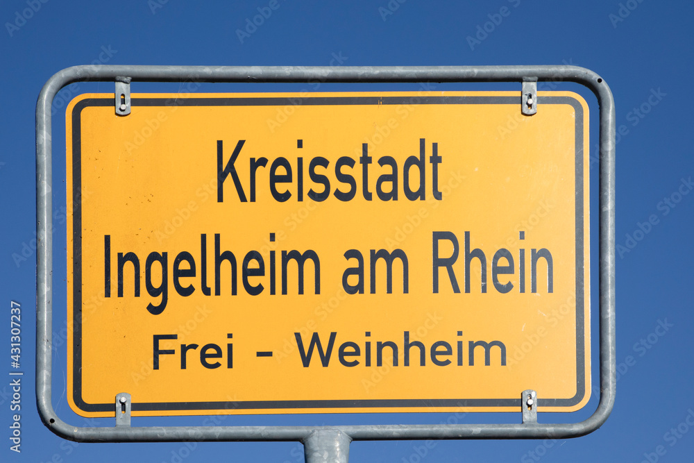 entrance sign of Ingelheim at river Rhine in Germany entrance sign of Ingelheim at river Rhine in Germany