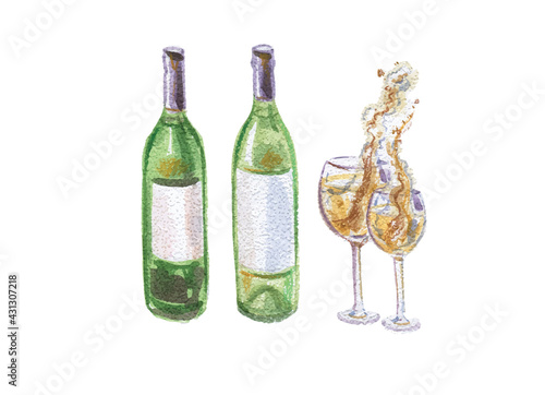 Two wine bottles and two wineglasses with splashing white wine