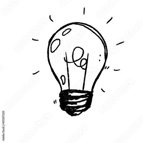 Light Bulb. Sketch of an electric device. Cartoon doodle lighting concept and ideas. Black and white illustration. photo