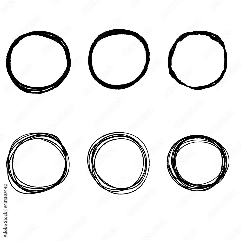 Drawn circle. Black line. Set of objects for formatting notes. Chaotic form. Abstract geometric shape with uneven edges Drawn circle. Black line. Set of objects for formatting notes. Chaotic form. Abstract geometric shape with uneven edges