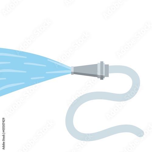 Hose. Jet of water. Fire fighting and watering of the lawn. Grey tube. Flat cartoon illustration isolated on white