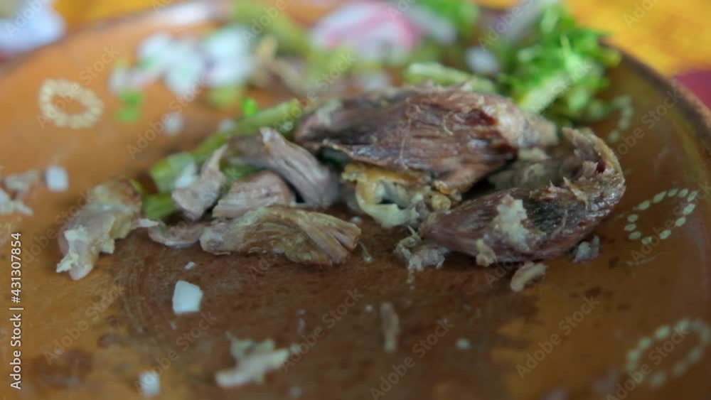 Mexican chopped lamb meat and sliced nopales on clay plate Mexican chopped lamb meat and sliced nopales on clay plate