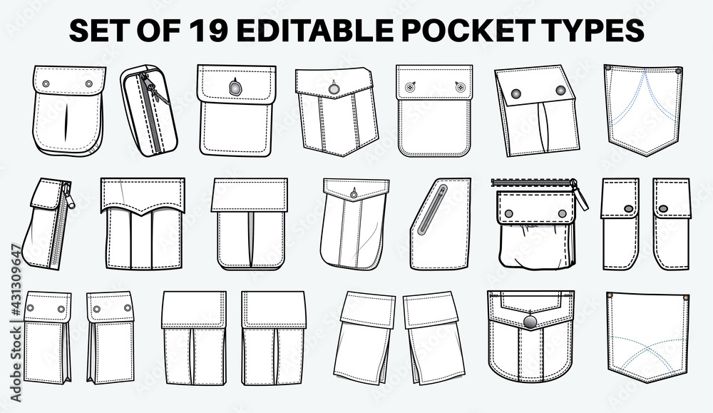 Vecteur Stock Patch pocket flat sketch vector illustration set, different  types of Clothing Pockets for jeans pocket, denim, sleeve arm, cargo pants,  dresses, garments, Clothing and Accessories