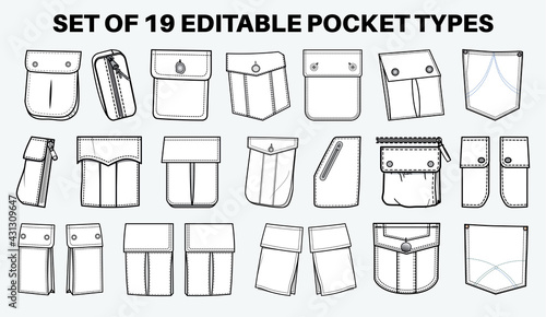 Patch pocket flat sketch vector illustration set  different types of Clothing Pockets for jeans pocket  denim  sleeve arm  cargo pants  dresses  garments  Clothing and Accessories