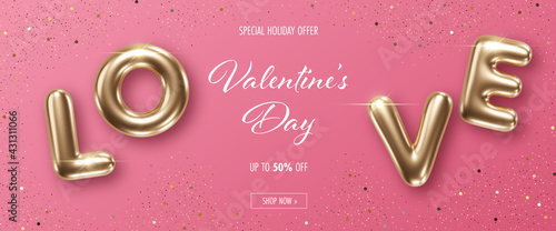 Valentines Day background with 3d golden letters. Design element for greeting card or sale banner
