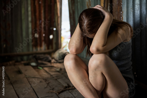 Mentral PTSD disorder young woman in ruin house
