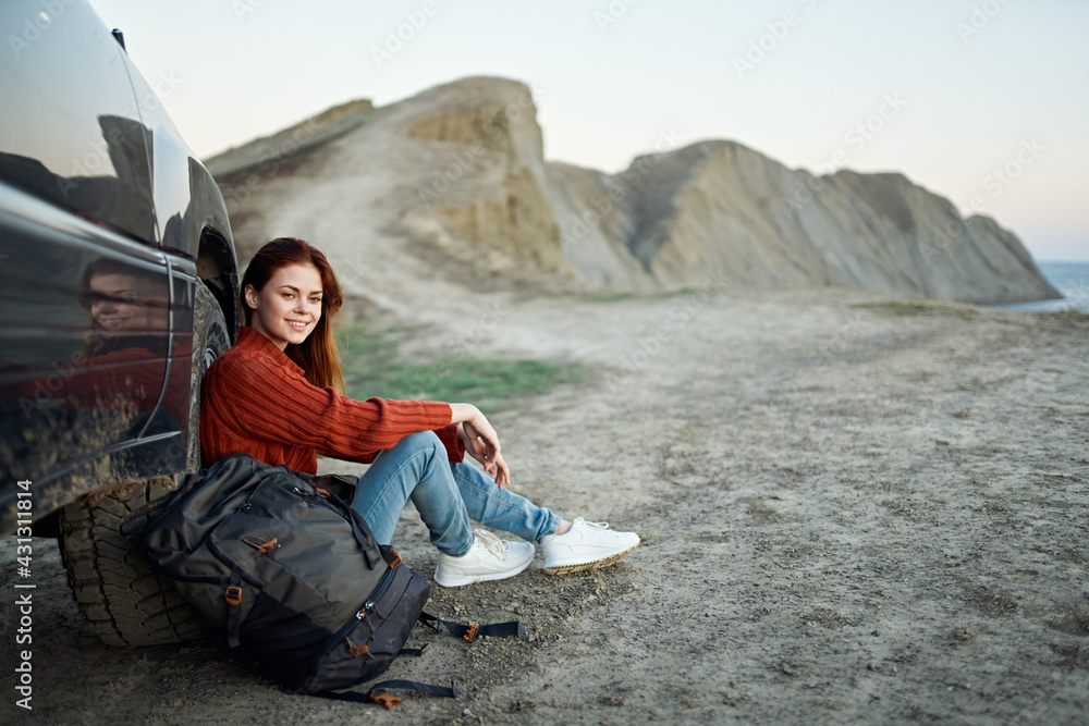 travel woman in sweater backpack tourism mountains landscape fresh air vehicle