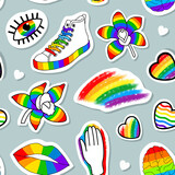 vector seamless pattern of lgbt stickers and symbols. hand drawn illustration for pride month. for backgrounds, wrapping paper, fabric.