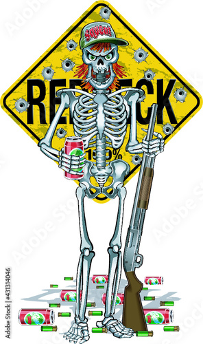 human skeleton with shotgun and beer can