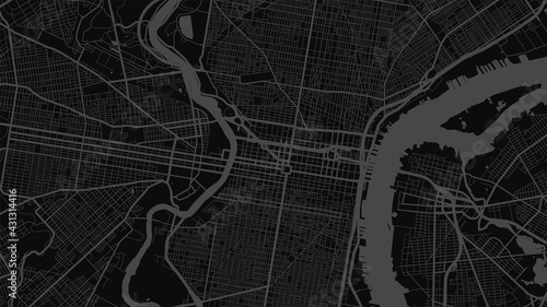 Dark grey and black Philadelphia city area vector background map, streets and water cartography illustration.
