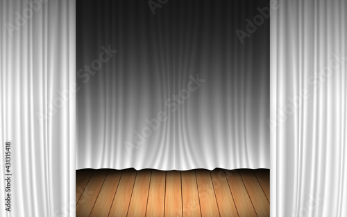 white curtain and light of spotlight on the wooden floor in the dark room