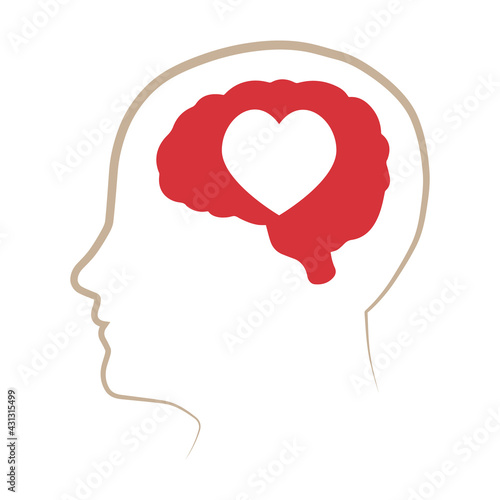 Fototapeta Naklejka Na Ścianę i Meble -  The brain and heart in the outline of a silhouette in the profile of a human head. Flat design on white background Vector illustration