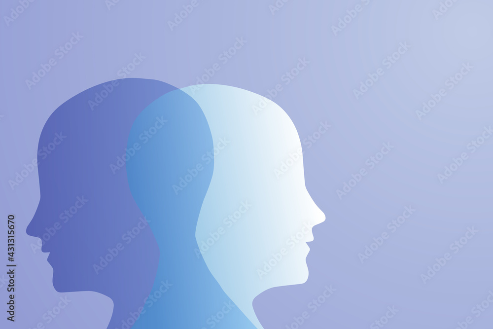 A metaphor for mental bipolar disorder. Two-faced. Split personality. The concept of mood disorder. The concept of dual personality. 2 The silhouette of the head on a blue gradient background. Mental 