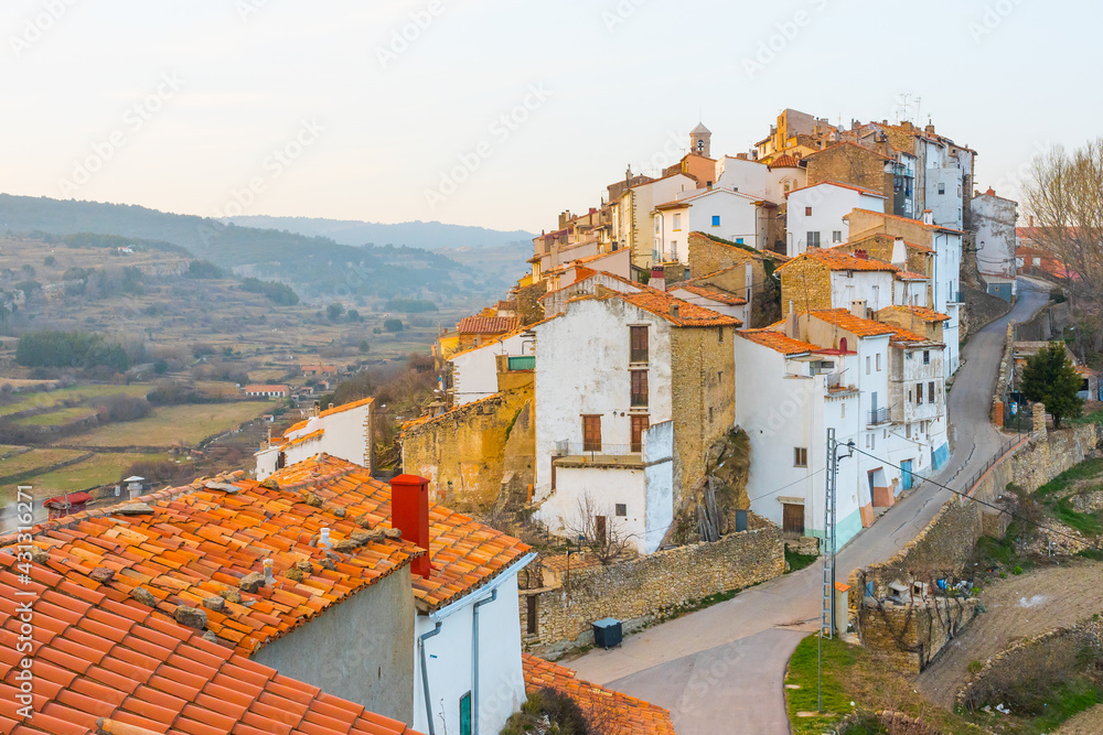 Villafranca del Cid, Alt Maestrat (Alto Maestrazgo), Castellón, Valencian Community, Spain. Typical historic spanish village with orange tiles made of terracotta. 
