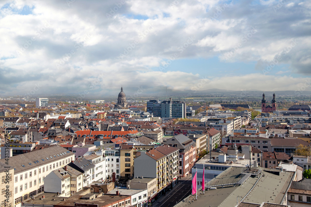 Christuskirche - Cathedral and St. Peter Church, aerial view. Mainz, Germany. Feldberg mountain in background