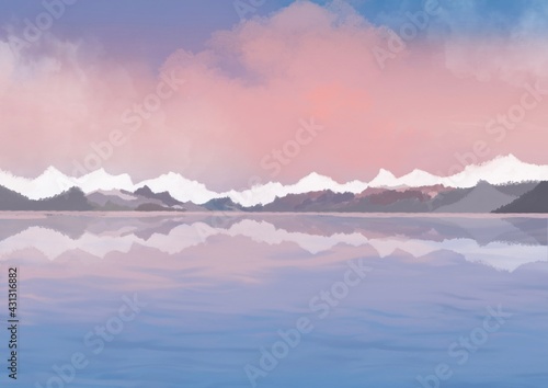 Fototapeta Naklejka Na Ścianę i Meble -  illustration The twilight of the mountains reflected on the lake.for nature or abstract backgrounds.,digital art painting.