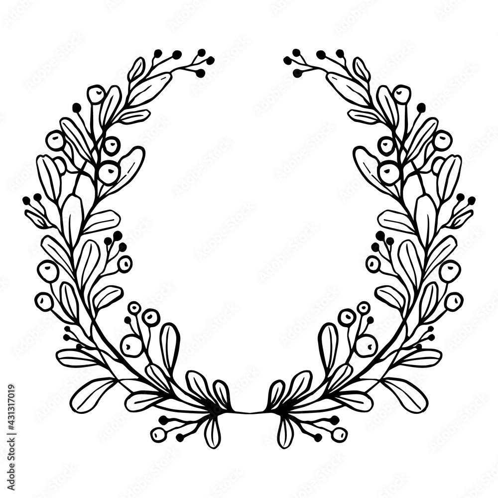 Decorative wreath of leaves and berries on a white background. Hand drawing. For design, print, embroidery, scrapbooking, forms for advertising cards or invitations. Vector illustration Decorative wreath of leaves and berries on a white background. Hand drawing. For design, print, embroidery, scrapbooking, forms for advertising cards or invitations. Vector illustration