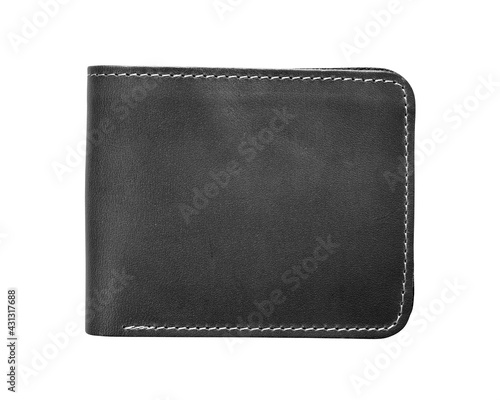 black stitched wallet men or dark color and cow leather or close short wallet for put money and card on top view and white background isolated included clipping path