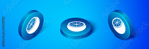 Isometric Orange fruit icon isolated on blue background. Blue circle button. Vector