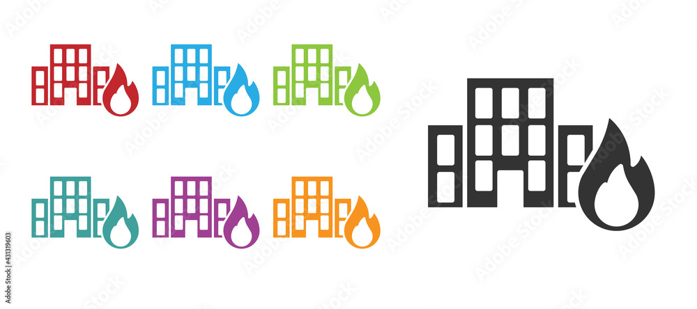 Black Fire in burning buildings on city street icon isolated on white background. Destroyed city on fire. Set icons colorful. Vector Black Fire in burning buildings on city street icon isolated on white background. Destroyed city on fire. Set icons colorful. Vector