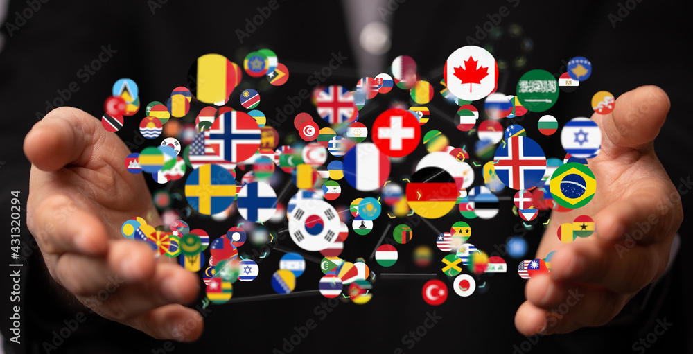 World map with all states and their flags World map with all states and their flags