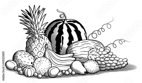 Big pile of tropical fruits. Watermelon, melon, pineapple, bananas, coconut, grapes, orange, lemon, pear, plums, apricot, tangerine and berries. Black and white vector illustration in retro style